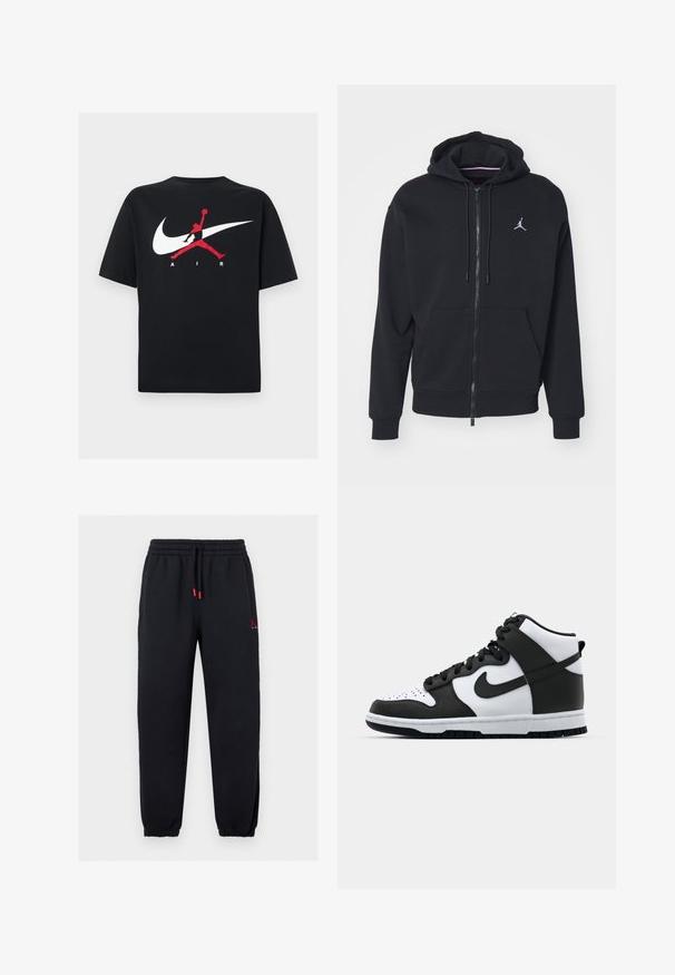 Hoodie noir à zip fabriqué en tissu doux, avec une poche kangourou, des poignets côtelés et un logo brodé blanc sur la poitrine.; T-shirt en coton noir à col rond, avec un grand logo Nike swoosh blanc et un logo Jumpman rouge accompagné du texte "AIR" en blanc.; Pantalon jogger noir avec ceinture et poignets élastiques, embouts de cordon rouges, et petit logo Jumpman rouge sur la partie supérieure de la cuisse gauche.; Baskets montantes noir et blanc avec tige en cuir, boîte à orteils perforée, logo swoosh proéminent et semelle en caoutchouc texturée.
