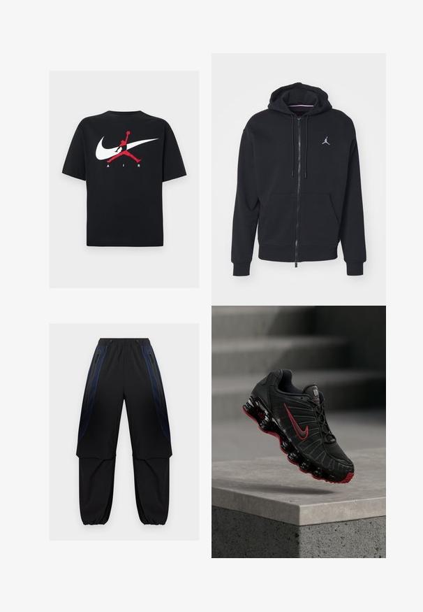 Hoodie noir à zip fabriqué en tissu doux, avec une poche kangourou, des poignets côtelés et un logo brodé blanc sur la poitrine.; T-shirt en coton noir à col rond, avec un grand logo Nike swoosh blanc et un logo Jumpman rouge accompagné du texte "AIR" en blanc.; Pantalon cargo noir et bleu foncé avec taille et poignets élastiques, doté de poches latérales zippées et de panneaux en tissu superposés sur les cuisses.; Chaussure de sport Nike noire et rouge avec une semelle visible en forme de ressort, en équilibre sur le bord d’une marche en béton.