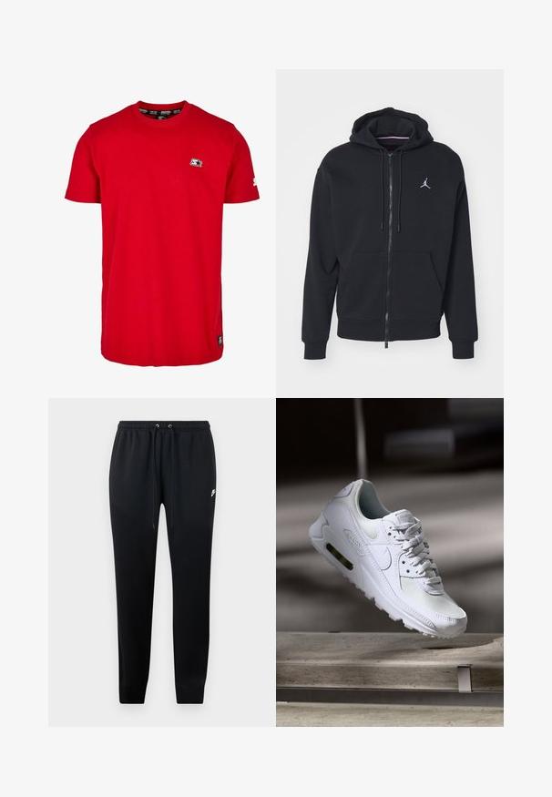 Sort zip-up hoodie lavet af blødt stof, med en kængurulomme, ribbede manchetter og et hvidt broderet logo på brystet.; Rød bomulds t-shirt med rund hals, korte ærmer og et lille sort logo på venstre bryst og ærme. Glat, ensfarvet stof.; Sorte sweatshirtbukser lavet af blødt stof, med elastisk talje og snoretræk, ribbede ankler og en lille logo-detalje på siden.; Hvide Nike Air Max 90 sneakers med en overdel i mesh og læder, perforeret tåboks og en synlig luftenhed i hælen.