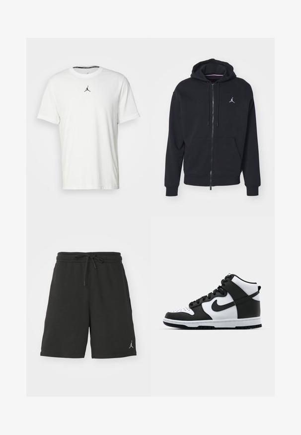 Zwarte zip-up hoodie gemaakt van zachte stof, met een kangoeroezak, geribde boorden en een wit geborduurd logo op de borst.; Witte T-shirt met korte mouwen van katoen, met een zwart Jumpman-logo op de borst en een ronde halslijn met een zwarte binnenlabel.; Zwarte sportshorts van zacht materiaal, met een elastische tailleband met koord, zijzakken en een klein logo op het linkerbeen.; Zwart-witte hoge sneakers met leren bovenwerk, geperforeerde neus, prominente swoosh-logo en een getextureerde rubberen zool.