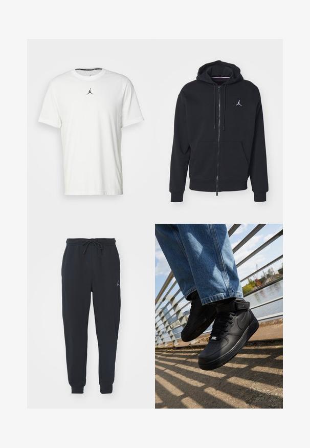 Zwarte zip-up hoodie gemaakt van zachte stof, met een kangoeroezak, geribde boorden en een wit geborduurd logo op de borst.; Witte T-shirt met korte mouwen van katoen, met een zwart Jumpman-logo op de borst en een ronde halslijn met een zwarte binnenlabel.; Zwarte joggingsbroeken van zachte stof, met een elastische tailleband met trekkoord, geribbelde boorden en een klein logo op de linker dij.; Zwarte Nike Air Force 1 sneakers met leren bovenkant, mesh tong en rubberen zool, met een high-top ontwerp en dikke veters.
