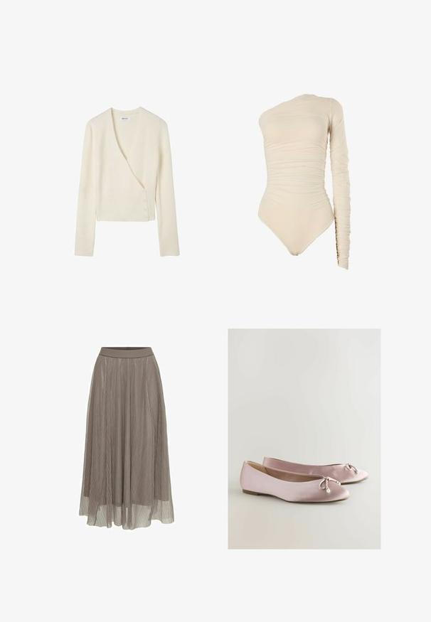 Cardigan en maille couleur crème, manches longues, col en V, fermeture asymétrique par boutons sur le côté devant.; Body beige à manches longues avec un design asymétrique à une épaule. Caractérisé par une texture froncée, des jambes taille haute et un tissu doux et extensible.; Jupe maxi plissée en taupe, dotée d'une taille lisse et d'une silhouette fluide. Fabriquée en matériau léger et transparent avec une texture fine.; Ballerines en satin rose avec un bout rond, un nœud décoratif et un accent en perle. Semelle plate avec une texture lisse et un profil bas.