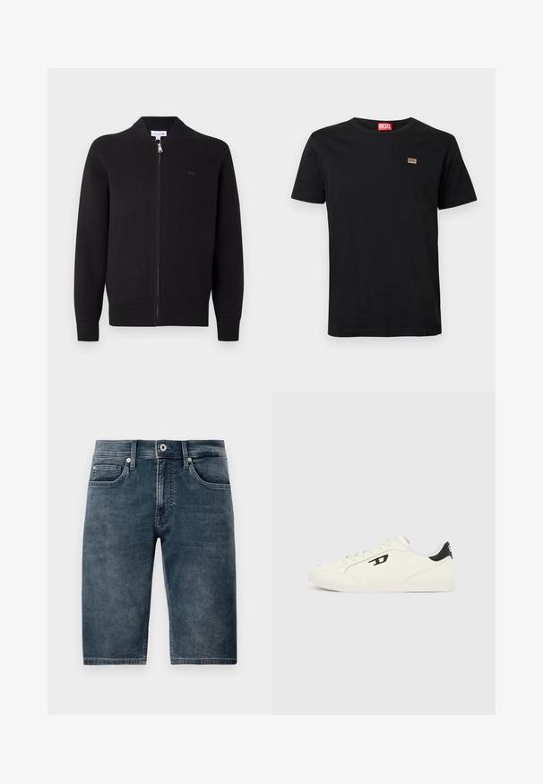Sort zip-up cardigan med ribbet krave, manchetter og bund, med et lille broderet logo på venstre bryst.; Sort kortærmet T-shirt i bomuld med rund hals. Har et lille mærke med logo på venstre bryst.; Mørkeblå denimshorts, knæ-lange, med en glat tekstur, fem lommer og metalknaplukning. Lidt falmet finish for et afslappet look.; Hvide sneakers med en tekstureret overdel, der har sorte accenter på hælen og et logo på siden. Snøret design og gummisål.