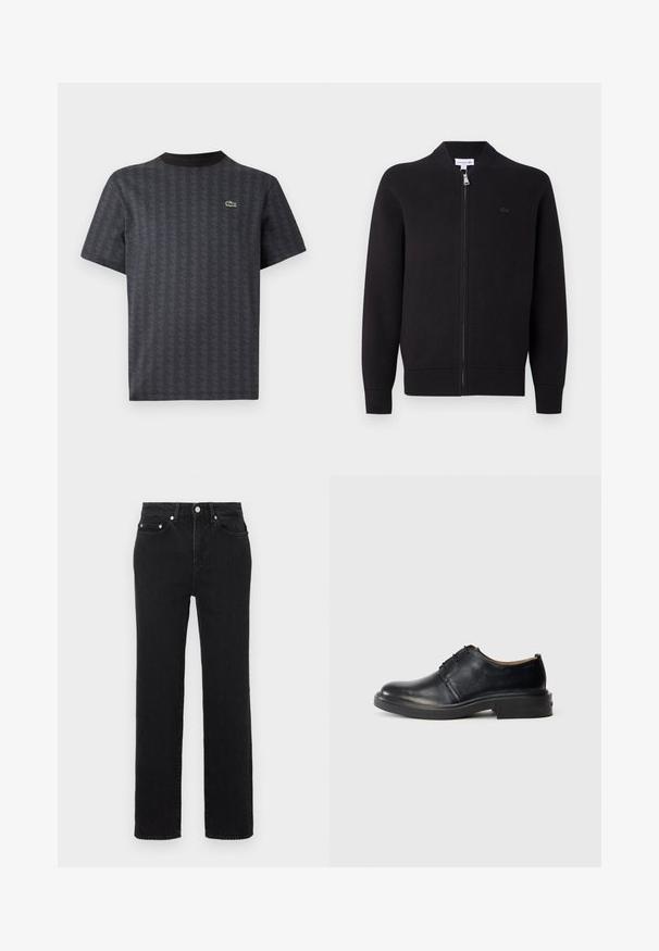 Sort zip-up cardigan med ribbet krave, manchetter og bund, med et lille broderet logo på venstre bryst.; Sort kortærmet t-shirt med et geometrisk mønster og et grønt krokodille-logo, med en ensfarvet sort rund hals.; Sorte jeans med højtaljet, lige ben, front- og baglommer, sølvfarvet knaplukning og bæltestropper på hvid baggrund.; Sorte læder oxford sko med rund tå, snørebånd foran og lav, stablet hæl på lys baggrund.