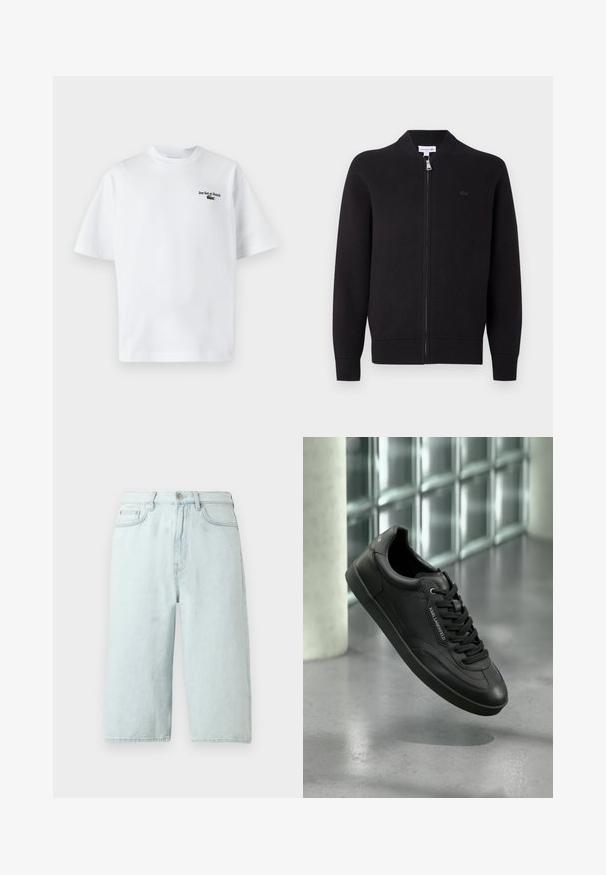Čierny zip-up kardigán s rebrovaným golierom, manžetami a spodným lemom, s malým vyšitým logom na ľavej hrudi.; Biele bavlnené tričko s krátkymi rukávmi, s nápisom "Jeu Set et Match" a malým zeleným logom na ľavej hrudi. Klasický strih.; Svetlomodré rifľové šortky so strihom rovnej nohy, stredným pásom, prednými vreckami a jedným zadným vreckom, zakončené jemným šitím.; Čierna kožená teniska s textúrovaným povrchom, plochými šnúrkami, zaoblenou špičkou a gumovou podrážkou. Na boku má detail loga.