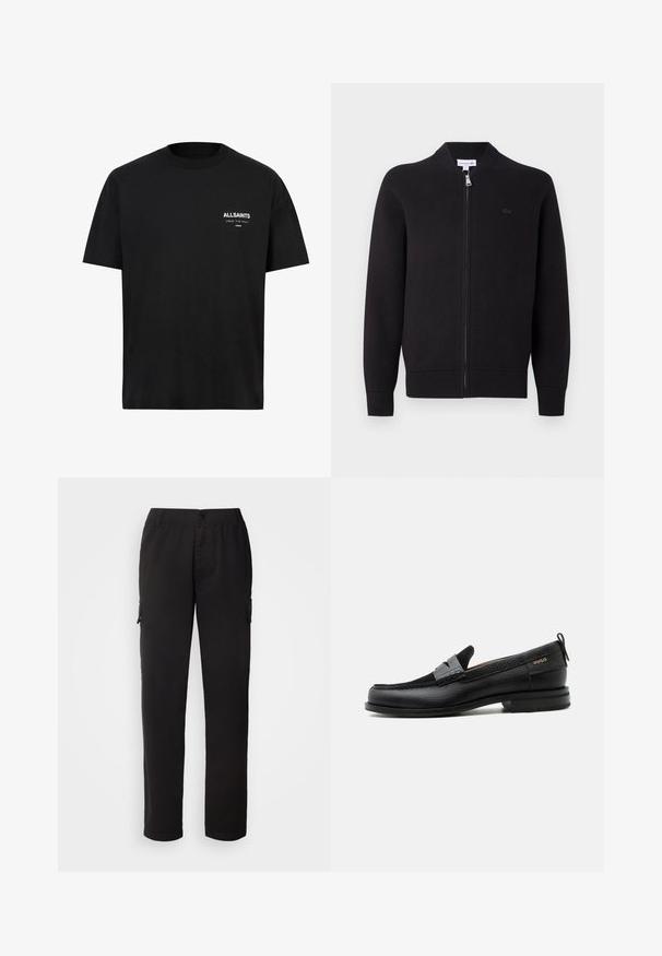 Zwarte zip-up cardigan met geribbelde kraag, manchetten en zoom, met een klein geborduurd logo op de linkerborst.; Zwarte katoen T-shirt met korte mouwen en een ronde hals. Bevat witte tekst "ALLSAINTS" en "LONDEN" op de linkerborst.; Zwarte cargobroek van duurzaam materiaal; heeft een elastische tailleband, voor- en zijzakken en een recht model.; Zwarte leren loafer met grijs riemdetailelement, lage hak en gestructureerde zool, aan de zijkant gebrandmerkt met "HUGO" in goud.