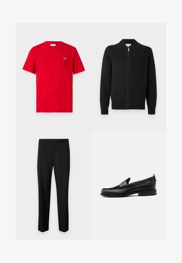 Sort zip-up cardigan med ribbet krave, manchetter og bund, med et lille broderet logo på venstre bryst.; Rød bomulds T-shirt med korte ærmer, rund hals, og et lille grønt krokodillelogo på venstre bryst. Glat tekstur, afslappet pasform.; Sorte skræddersyede bukser med flad front, standard talje og lige ben. Lavet af glat stof, med en enkelt knaplukning.; Sort læderloafer med grå remdetalje, lav hæl og tekstureret sål, mærket med "HUGO" i guld på siden.