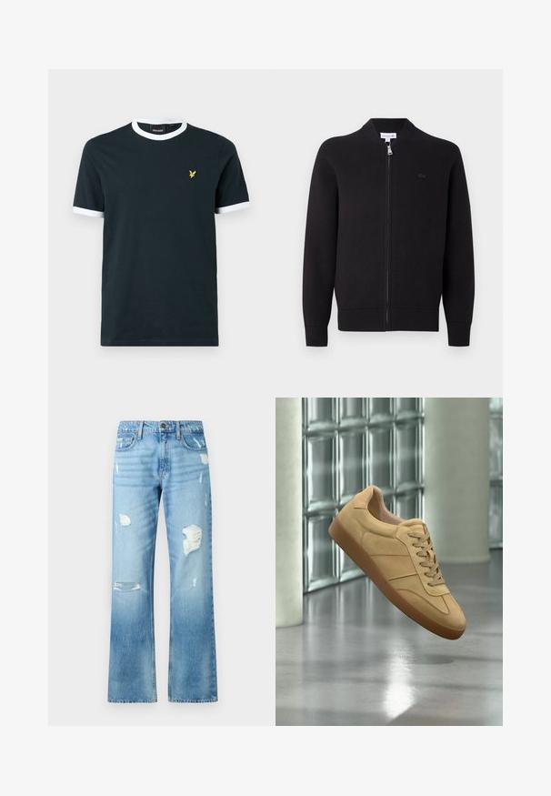 Cárdigan negro con cremallera, con cuello, puños y dobladillo acanalados, que presenta un pequeño logo bordado en el lado izquierdo del pecho.; Camiseta de algodón azul marino con cuello ribeteado y bordes de las mangas en blanco. Presenta un pequeño logo bordado amarillo a la izquierda del pecho.; Vaqueros de mezclilla azul claro con un diseño de pierna recta, que presentan detalles desgastados y un acabado desvaído. Incluyen un botón de metal y cinco bolsillos.; Zapatilla beige de ante con suela de goma, diseño con cordones, flotando en interiores sobre suelo de hormigón pulido cerca de pared de bloques de vidrio.