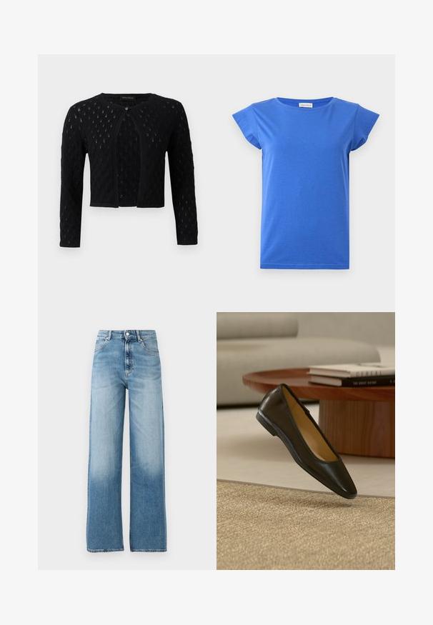 Sort strikket cropped cardigan med lange ærmer, enkelt knaplukning og tekstureret hulmønster.; Blå kortærmet dame t-shirt med rund halsudskæring, glat stof og let kappelignende ærmer, vist på en ensartet hvid baggrund.; Lysblå, vide jeans med høj talje. Lavet af denim, med knaplukning og fem lommer. Fades mod bunden.; Sort flad lædersko med afrundet firkantet tå på et beige vævet tæppe, med et træsofabord og stablede bøger i baggrunden.