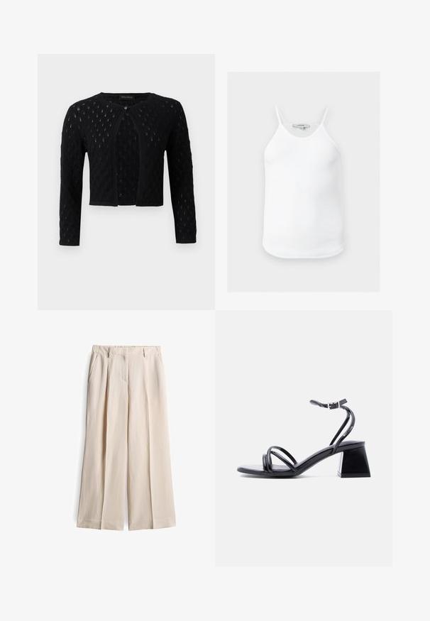 Zwart gebreid cropped vest met lange mouwen, sluiting met één knoop en een getextureerd opengewerkt patroon.; Witte geribbelde mouwloze tanktop met dunne bandjes en een afgeronde zoom, plat weergegeven tegen een neutrale achtergrond.; Wijde broek in een lichtbeige stof. Kenmerkt zich door plooien aan de voorkant, twee zijzakken en een schone zoom zonder versieringen.; Zwarte sandaal met open teen, smalle banden, een enkelbandje met gesp en blokhak, zijaanzicht op een effen lichte achtergrond.
