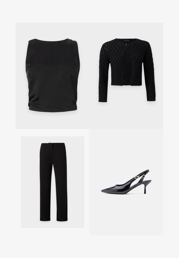 Cardigan court en maille noire à manches longues avec une fermeture à un bouton et un motif ajouré texturé.; Débardeur noir sans manches avec une texture lisse et brillante ; il présente un col rond et des détails froncés sur les côtés pour une silhouette ajustée.; Pantalon noir à jambes droites avec passants de ceinture, fermeture éclair à l'avant et une ceinture lisse, présenté sur un fond clair uni.; Escarpin slingback en cuir verni noir avec bout pointu, bride à boucle réglable et talon haut et fin. Présente une découpe latérale ouverte.