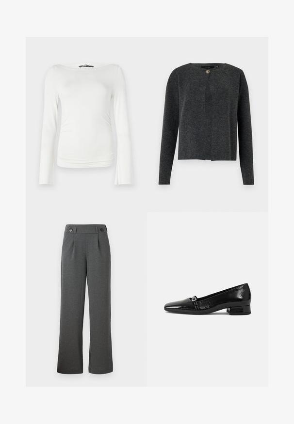 Vero Moda Knitted VMMARINA Knit - Chaqueta de punto - dark grey melange; Top blanco de manga larga hecho de una tela suave con un silueta ajustada, que cuenta con un amplio escote barco y un sutil fruncido en la cintura.; Pantalones de pierna ancha grises hechos de un tejido texturizado, con una cintura alta, pliegues en la parte delantera y dos botones en la cinturilla.; Bailarinas de charol negro con punta afilada, tacón cuadrado bajo y un pequeño detalle de hebilla metálica en la correa. Textura suave.
