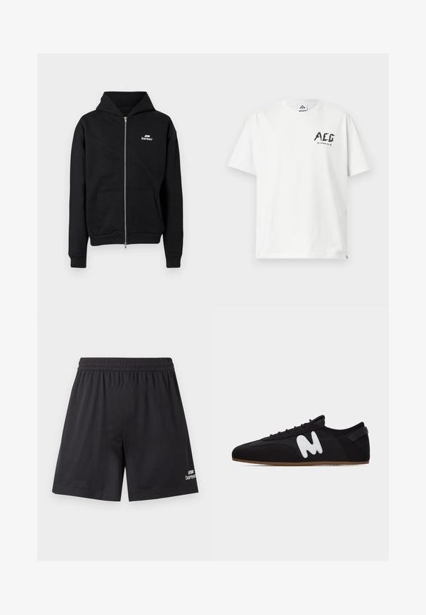 Sweat à capuche noir avec fermeture éclair, poches avant et petit logo blanc "bareen" sur le côté gauche de la poitrine, présenté sur un fond uni.; T-shirt blanc à manches courtes avec logo noir "ACG" et texte "FOR OUTDOOR USE" sur la partie supérieure gauche de la poitrine.; Shorts de sport en mesh noir avec taille élastique et logo blanc de la marque "baree" près de l'ourlet bas sur la jambe droite.; Baskets basses noires avec une semelle fine marron et un logo stylisé "M" blanc sur le côté, vues de gauche.