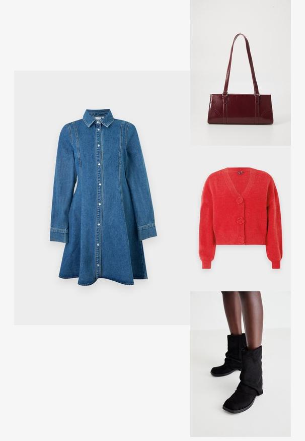 Rød cardigan med V-hals, tre dekorative knapper formet som blomster og ribbede manchetter. Lavet af blødt, struktureret stof. Kort pasform.; Blå denim kjole med lange ærmer, krave, knaplukning foran og sømdetaljer, der flaner let ved kanten.; Sorte ruskindsankle støvler med et slouchy design, som har en flad sål og en firkantet tå, vist på mørke ben mod en lys baggrund.; Bordeaux håndtaske lavet af glansfuldt materiale, rektangulær form, med to skulderremme og subtile buede detaljer på forsiden.