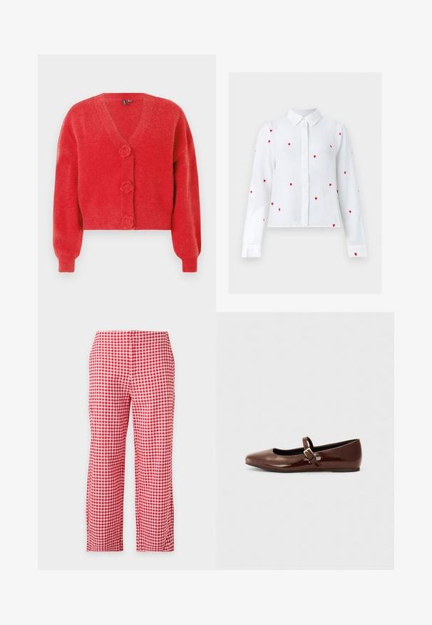 Cardigan rouge avec un col en V, trois boutons décoratifs en forme de fleur et des poignets côtelés. Fabriqué en tissu souple et texturé. Coupe courte.; Blouse blanche à manches longues avec boutons, motifs de cœurs rouges brodés et col pointu, présentée sur un fond neutre.; Pantalon droit à carreaux vichy rouge et blanc, pleine longueur, vu de face sur fond uni clair. Pas de poches ni de boutons visibles.; Ballerine en cuir verni marron avec un bout carré et une lanière ornée d'une petite boucle dorée. Texture lisse, talon bas et design minimaliste.