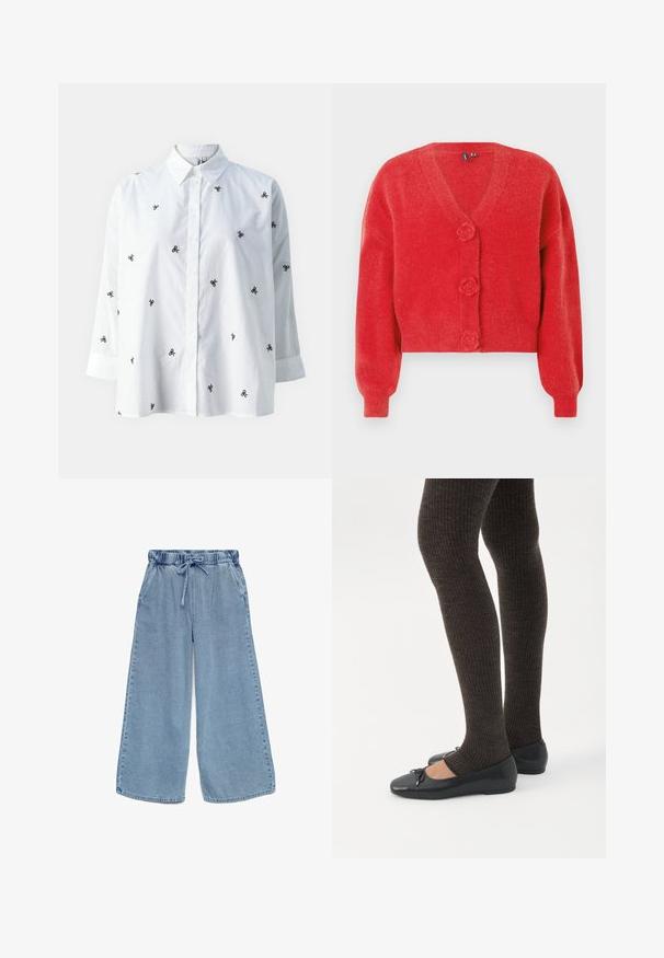 Punane kardigan V-kaelusega, kolm dekoratiivset lillekujundusega nööpi ja soonikkäistega. Valmistatud pehmest, tekstuuriga kangast. Lühendatud lõige.; ONLY ONLNEW LINA GRACE LS EMB SHIRT NOOS WVN - Nööpidega pluus - bright white/black; Hele sinised teksad laiade sääreosadega, elastse vöö ja nööriga, küljetaskutega.; Jalad seljas tumedad soonelises soonelises kombines mustade baleriinadega, millel on väikesed paelade detailid valgel taustal.