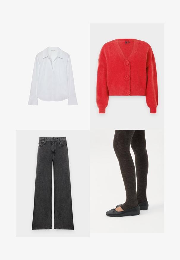 Cardigan rouge avec un col en V, trois boutons décoratifs en forme de fleur et des poignets côtelés. Fabriqué en tissu souple et texturé. Coupe courte.; Chemise blanche à manches longues avec un col classique, une fermeture boutonnée sur le devant et des poignets légèrement évasés, confectionnée dans un tissu lisse avec un léger éclat.; Jean en denim noir à jambes larges avec cinq poches et fermeture par boutons, présenté à plat sur un fond blanc.; Jambes portant des leggings côtelés foncés associés à des ballerines noires avec de petits détails en nœud sur fond blanc.