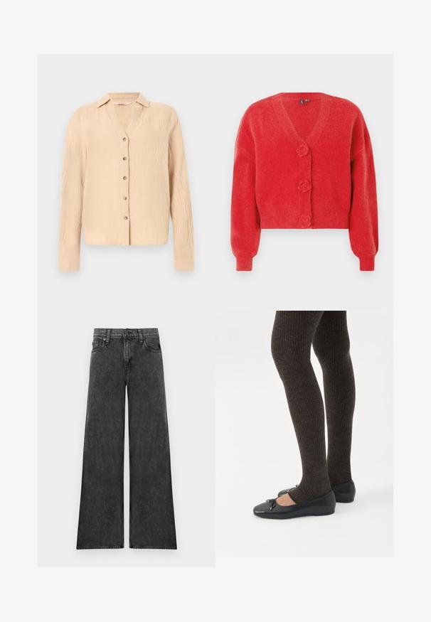 Cardigan rouge avec un col en V, trois boutons décoratifs en forme de fleur et des poignets côtelés. Fabriqué en tissu souple et texturé. Coupe courte.; Chemise beige clair à manches longues avec boutons, en tissu texturé subtil et col classique.; Jean en denim noir à jambes larges avec cinq poches et fermeture par boutons, présenté à plat sur un fond blanc.; Jambes portant des leggings côtelés foncés associés à des ballerines noires avec de petits détails en nœud sur fond blanc.