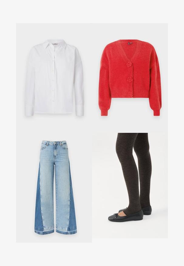 Rød cardigan med V-hals, tre dekorative knapper formet som blomster og ribbede manchetter. Lavet af blødt, struktureret stof. Kort pasform.; Hvid skjorte med knapper, lavet af bomuld, med lange ærmer, klassisk krave og subtile syningsdetaljer.; Bukser med vide ben i jeansstof med lyseblå frontpaneler og mørkere blå sidepaneler, udstyret med knap- og lynlåslukning samt bæltestropper.; Ben iført mørke ribbede leggings kombineret med sorte balletsko med små sløjfedetaljer på hvid baggrund.