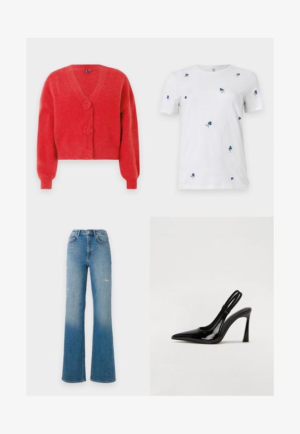 Roter Cardigan mit V-Ausschnitt, drei dekorativen, blumenförmigen Knöpfen und gerippten Bündchen. Hergestellt aus weichem, strukturiertem Stoff. Kurz geschnittene Passform.; Weißes T-Shirt mit kurzen Ärmeln, verziert mit kleinen, verstreuten blauen Blumenstickereien und grünen Stielen, Rundhalsausschnitt, schlichter Hintergrund.; Hochgeschnittene blaue Jeans aus Denim mit leichter Verwendung an den Oberschenkeln, Fünf-Taschen-Stil und ausgestelltem Bein.; Schwarze Lackleder Slingback-Pumps mit spitzem Zehenbereich, schlankem hohen Absatz und doppeltem elastischen Riemen für einen sicheren Sitz. Glatte, glänzende Oberfläche.