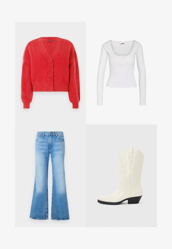 Cardigan rouge avec un col en V, trois boutons décoratifs en forme de fleur et des poignets côtelés. Fabriqué en tissu souple et texturé. Coupe courte.; Haut blanc à manches longues côtelé avec encolure dégagée, bordure en dentelle et trois petits boutons sur la patte de boutonnage avant.; Jean évasé bleu clair à taille haute, en denim. Comprend deux poches avant et des accents en métal sur les boutons. Texture délavée sur le tissu.; Botte blanche de style western mi-mollet avec bout pointu, talon empilé noir, coutures décoratives et languette de tirage sur la tige.