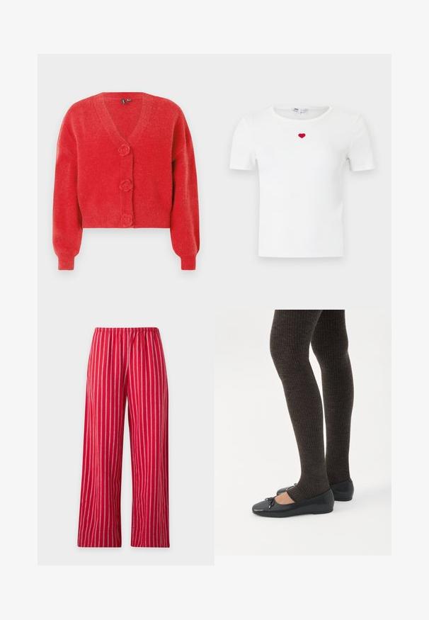 Cardigan rouge avec un col en V, trois boutons décoratifs en forme de fleur et des poignets côtelés. Fabriqué en tissu souple et texturé. Coupe courte.; T-shirt blanc à manches courtes côtelées avec un petit cœur rouge brodé au centre de la poitrine, sous l'encolure.; Pantalon rouge à rayures verticales blanches, ceinture élastique et jambes droites, présenté sur un fond uni clair.; Jambes portant des leggings côtelés foncés associés à des ballerines noires avec de petits détails en nœud sur fond blanc.