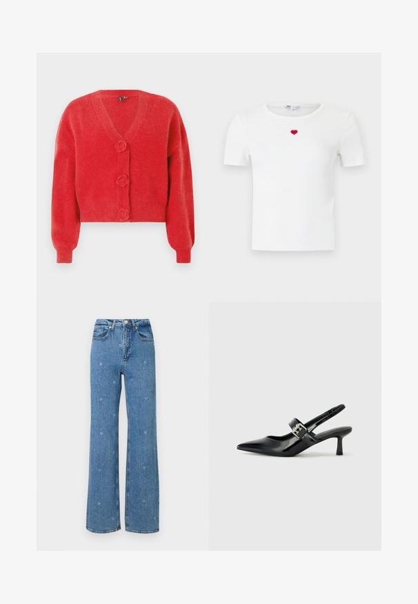 Cárdigan rojo con cuello en V, tres botones decorativos en forma de flor y puños de canalé. Hecho de tela suave y texturizada. Corte cropped.; Camiseta blanca de manga corta con costillas y un pequeño corazón rojo bordado en el centro del pecho, justo debajo del escote.; Jeans de talle alto en azul, de pierna recta, con pequeños bordados de flores blancas esparcidos por la tela.; Zapatos de tacón en charol negro con tira al tobillo, punta afilada y un pequeño tacón bloque, que cuentan con un acento de hebilla plateada en la correa.