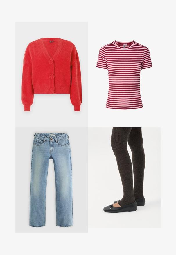 Cardigan rouge avec un col en V, trois boutons décoratifs en forme de fleur et des poignets côtelés. Fabriqué en tissu souple et texturé. Coupe courte.; T-shirt à manches courtes en maille côtelée avec des rayures horizontales rouges et roses et un col rond.; Jeans droits bleu clair en denim, dotés d'une fermeture à bouton, de cinq poches et d'un léger dégradé le long des jambes.; Jambes portant des leggings côtelés foncés associés à des ballerines noires avec de petits détails en nœud sur fond blanc.