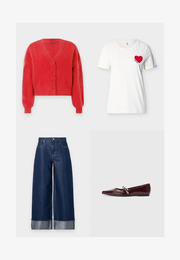 Rode cardigan met een V-hals, drie decoratieve knopen in de vorm van bloemen en geribbelde manchetten. Gemaakt van zachte, getextureerde stof. Cropped fit.; Wit T-shirt met korte mouwen en ronde hals, met een rood hart en het woord "AMOUR" op de linkerborst.; Wijdvallende donkerblauwe spijkerbroek met hoge taille, ontwerp met vijf zakken en omgeslagen boorden die het lichtere binnenmateriaal tonen.; Bordeaux lakleren ballerina's met een spitse neus, enkelband met zilveren hardware en een platte zool. Vloeiende, glanzende textuur.
