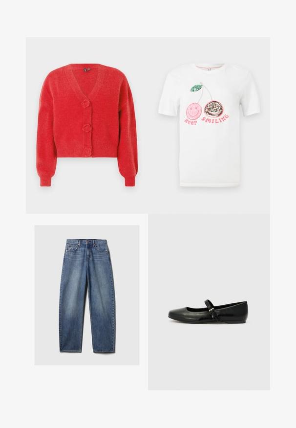 Rød cardigan med V-hals, tre dekorative knapper formet som blomster og ribbede manchetter. Lavet af blødt, struktureret stof. Kort pasform.; Hvid T-shirt med to pailletkirsebær, den ene pink med krydsede øjne og den anden sølv med et smil, og teksten "Keep Smiling" i pink nedenunder.; Blå denim jeans med en afslappet pasform, der har fem lommer, kobbernitter og en fadet vask. Lige ben med en ren kant.; Sorte læder balletflade med rund tå, flad sål og en tynd justerbar rem over svangen med en metalspænde.