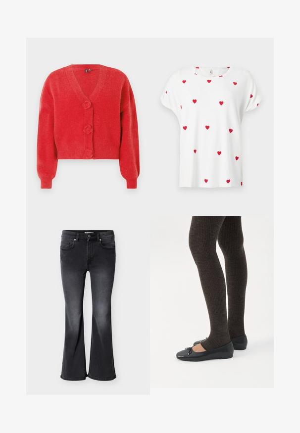 Cardigan rouge avec un col en V, trois boutons décoratifs en forme de fleur et des poignets côtelés. Fabriqué en tissu souple et texturé. Coupe courte.; Chemise blanche à manches courtes avec col rond, décorée de petits motifs de cœurs rouges uniformément espacés sur le devant et les manches.; Jean évasé noir en denim, doté de quatre poches, passants pour ceinture, et d'une texture délavée avec une teinte légèrement plus foncée à l'ourlet.; Jambes portant des leggings côtelés foncés associés à des ballerines noires avec de petits détails en nœud sur fond blanc.