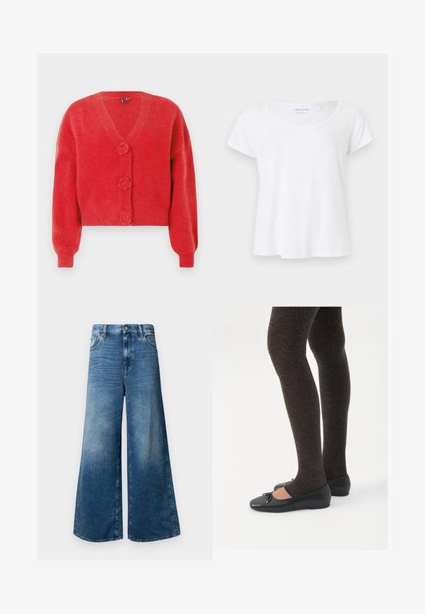 Rød cardigan med V-hals, tre dekorative knapper formet som blomster og ribbede manchetter. Lavet af blødt, struktureret stof. Kort pasform.; Hvid T-shirt med korte ærmer og rund hals, størrelse small, ensfarvet design, vist mod en lysegrå baggrund.; Bredde denim jeans i mellemblå med et klassisk fem-lomme design, knaplukning og let falmning for ekstra tekstur.; Ben iført mørke ribbede leggings kombineret med sorte balletsko med små sløjfedetaljer på hvid baggrund.