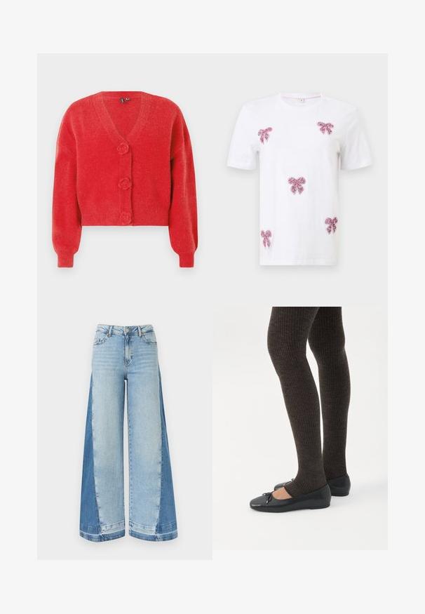 Rød cardigan med V-hals, tre dekorative knapper formet som blomster og ribbede manchetter. Lavet af blødt, struktureret stof. Kort pasform.; Hvid t-shirt med korte ærmer og fem lyserøde palietbuer placeret på forsiden og ærmerne.; Bukser med vide ben i jeansstof med lyseblå frontpaneler og mørkere blå sidepaneler, udstyret med knap- og lynlåslukning samt bæltestropper.; Ben iført mørke ribbede leggings kombineret med sorte balletsko med små sløjfedetaljer på hvid baggrund.