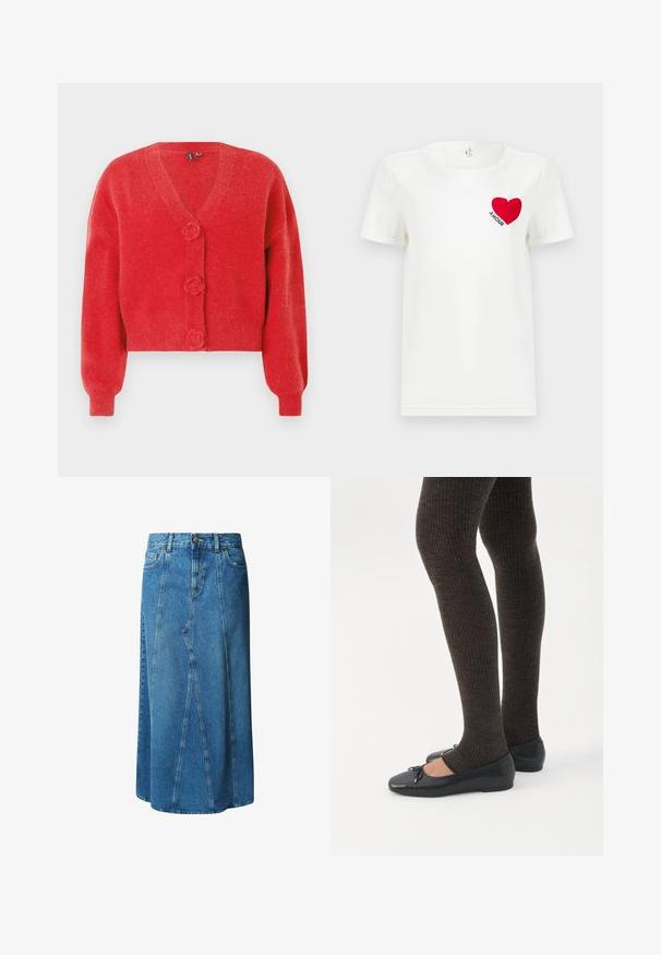 Rød cardigan med V-hals, tre dekorative knapper formet som blomster og ribbede manchetter. Lavet af blødt, struktureret stof. Kort pasform.; Hvid T-shirt med korte ærmer, prydet med et rødt hjerte og ordet "AMOUR" trykt på venstre bryst.; Lys blå denimnederdel i knælængde med en tætsiddende talje, knaplukning og frontlommer; har en paneleret design og rå kant.; Ben iført mørke ribbede leggings kombineret med sorte balletsko med små sløjfedetaljer på hvid baggrund.