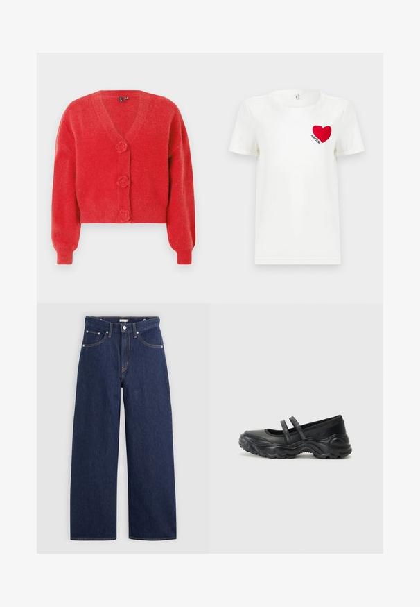Rød cardigan med V-hals, tre dekorative knapper formet som blomster og ribbede manchetter. Lavet af blødt, struktureret stof. Kort pasform.; Hvid T-shirt med korte ærmer, prydet med et rødt hjerte og ordet "AMOUR" trykt på venstre bryst.; Mørkeblå denim brede ben jeans med høj talje, der har fem lommer, bæltestropper og detaljer med kobber stikninger. Glat tekstur.; Sorte læder mary jane flade sko med to justerbare remme, en rund tå og en struktureret gummisål for ekstra greb.