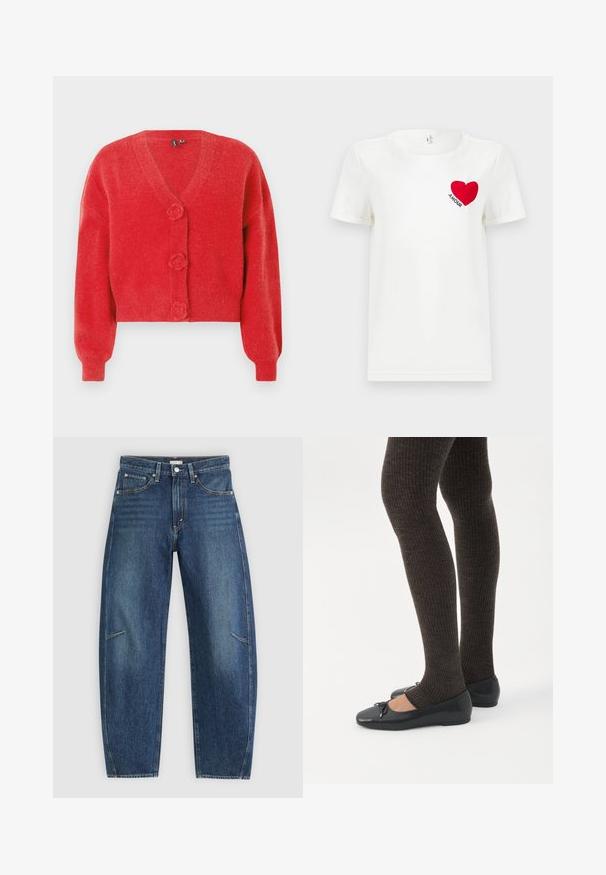Rode cardigan met een V-hals, drie decoratieve knopen in de vorm van bloemen en geribbelde manchetten. Gemaakt van zachte, getextureerde stof. Cropped fit.; Witte T-shirt met korte mouwen met een rode hart en het woord "AMOUR" gedrukt op de linkerkant van de borst.; Donkerblauwe denim jeans met een recht afgesneden ontwerp, voorzien van voorzakken, contrasterende stiksels en een subtiele vervaagde textuur op de broekspijpen.; Benen met donkere geribbelde leggings gecombineerd met zwarte ballerina's met kleine strikdetails op een witte achtergrond.