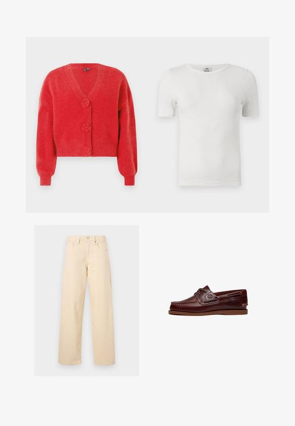 Rød cardigan med V-hals, tre dekorative knapper formet som blomster og ribbede manchetter. Lavet af blødt, struktureret stof. Kort pasform.; Hvid ribstrikket T-shirt med korte ærmer og rund hals, med tætsiddende pasform og JDY-mærkat indeni nakken.; Beige bukser med lige ben med frontknap og lynlås, bæltestropper og fem-lommer design på en ensfarvet lys baggrund.; Brun læder bådsko med snørre, syningsdetaljer og Timberland-logo på siden, vist på en hvid baggrund.