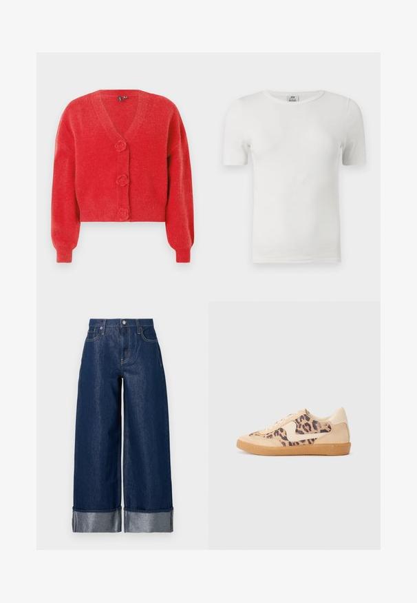 Cardigan rouge avec un col en V, trois boutons décoratifs en forme de fleur et des poignets côtelés. Fabriqué en tissu souple et texturé. Coupe courte.; T-shirt blanc côtelé à manches courtes, col rond, coupe ajustée et étiquette de la marque JDY à l'intérieur du col.; Jean large en denim bleu foncé à taille haute, design à cinq poches, et revers pliés dévoilant le tissu intérieur plus clair.; Baskets en imprimé léopard avec tige en suède beige, semelle en caoutchouc tan et accents blancs. Bout rond et design à lacets avec une finition texturée.