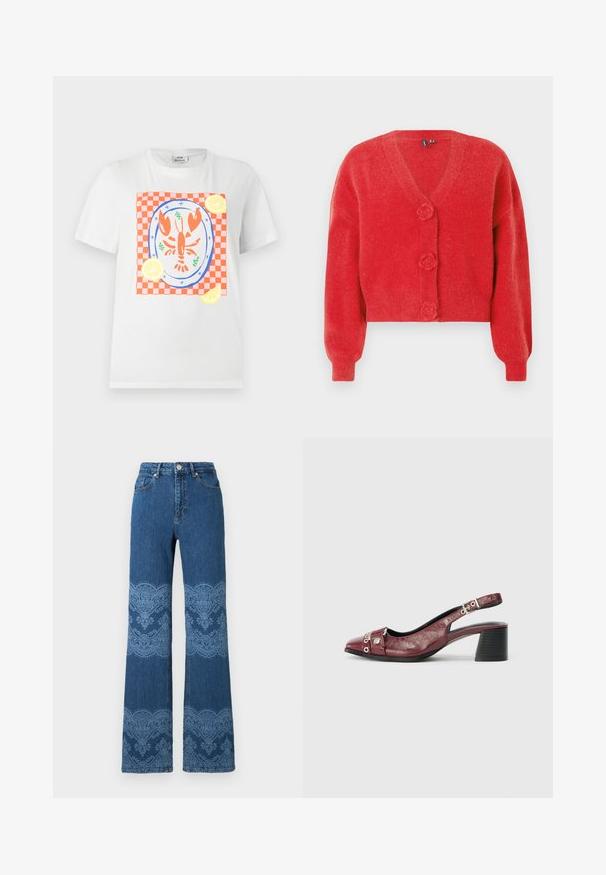 Cardigan rouge avec un col en V, trois boutons décoratifs en forme de fleur et des poignets côtelés. Fabriqué en tissu souple et texturé. Coupe courte.; T-shirt blanc à manches courtes avec un homard rouge sur une assiette, placé sur un tissu à carreaux rouge et blanc avec des tranches de citron autour.; Jeans bleus taille haute à jambes droites avec motifs floraux bleu clair et motifs en dentelle sur les cuisses et les mollets, boutons à l'avant et poches.; Chaussure slingback en cuir bordeaux avec un bout arrondi, un design incurvé, des accents en métal argenté et un talon bloc. Finition texturée.