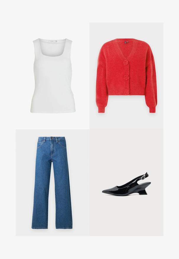 Cardigan rouge avec un col en V, trois boutons décoratifs en forme de fleur et des poignets côtelés. Fabriqué en tissu souple et texturé. Coupe courte.; Débardeur blanc sans manches avec un décolleté carré, texture lisse et design ajusté. Fabriqué en tissu léger.; Jean bleu taille haute à jambes larges avec poches avant, passants de ceinture, fermeture par bouton, et coutures visibles sur fond blanc.; Chaussure slingback en cuir verni noir avec bout pointu et petit talon bloc incliné sur fond clair uni.