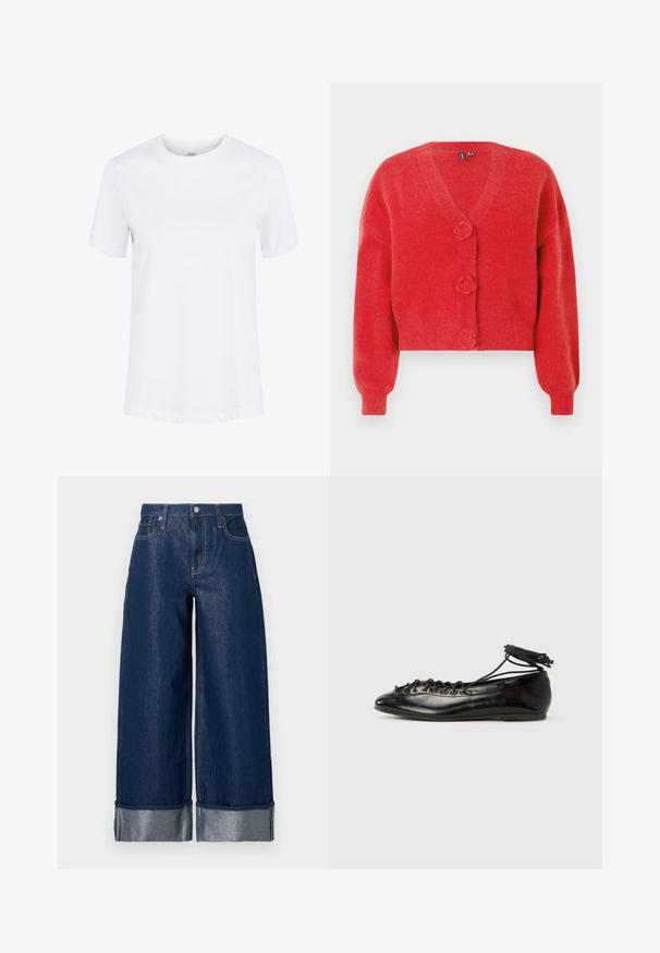 Rød cardigan med V-hals, tre dekorative knapper formet som blomster og ribbede manchetter. Lavet af blødt, struktureret stof. Kort pasform.; Hvid kortærmet bomuld T-shirt med rund hals og foldede ærmekanter, vist på en ensartet hvid baggrund.; Vidbenede mørkeblå denimjeans med høj talje, fem-lomme design og opsmøgede kanter, der viser et lysere indre stof.; Sorte balletflade sko i laklæder med rundet tå, snørelukning og flad sål. Glat tekstur med få detaljer.