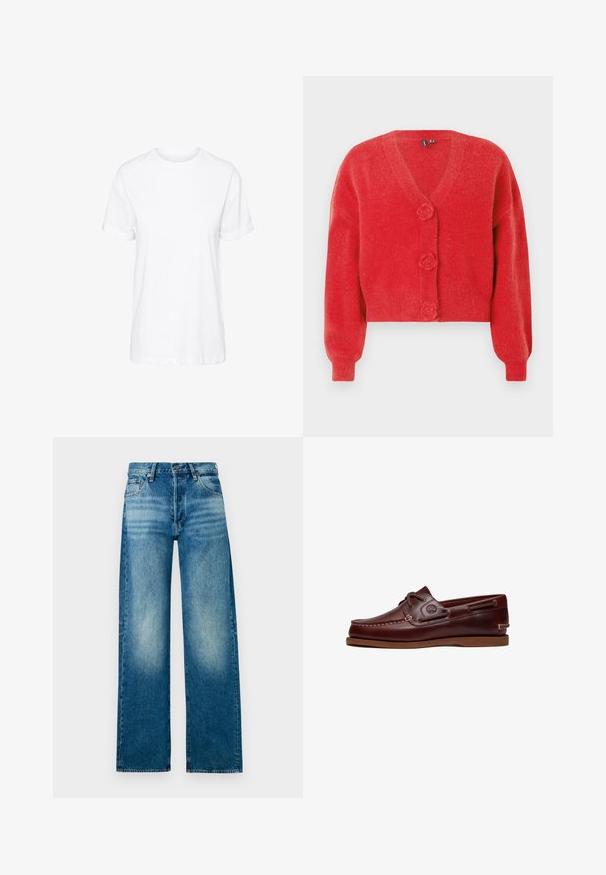 Roter Cardigan mit V-Ausschnitt, drei dekorativen, blumenförmigen Knöpfen und gerippten Bündchen. Hergestellt aus weichem, strukturiertem Stoff. Kurz geschnittene Passform.; Weißes Baumwoll-T-Shirt mit kurzen Ärmeln, Rundhalsausschnitt und legerem Schnitt, mit glatter Textur und ohne sichtbare Muster.; Helle blaue Jeans mit hoher Taille, weitem Bein und verwaschenem Finish. Besitzt ein klassisches Fünf-Taschen-Design und einen Metallknopfverschluss.; Brauner Leder-Bootsschuh mit Schnürsenkeln, Nahtdetails und Timberland-Logo an der Seite, auf weißem Hintergrund gezeigt.