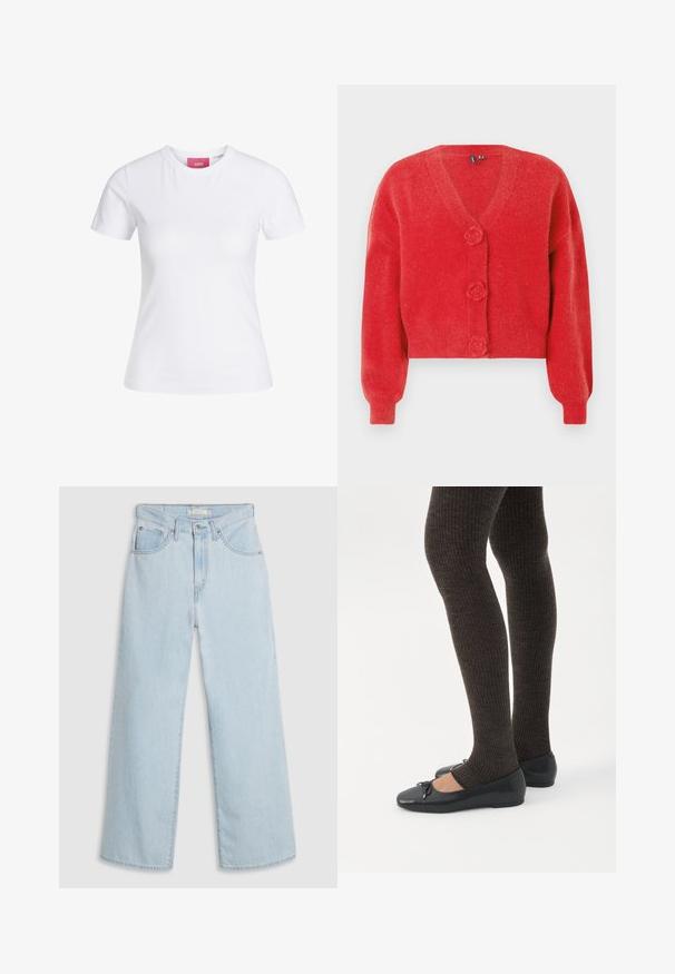 Rød cardigan med V-hals, tre dekorative knapper formet som blomster og ribbede manchetter. Lavet af blødt, struktureret stof. Kort pasform.; Hvid slimfit t-shirt med korte ærmer og rund halsudskæring med en lyserød JJXX-label indeni kraven, vist mod en ensfarvet baggrund.; Lyseblå, vide jeans med høj talje, der har knap- og lynlås lukning, dobbelte forlommer foran og diskrete syningsdetaljer.; Ben iført mørke ribbede leggings kombineret med sorte balletsko med små sløjfedetaljer på hvid baggrund.