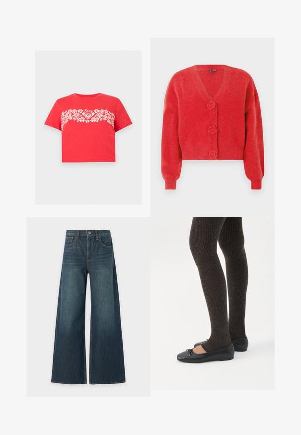 Cardigan rouge avec un col en V, trois boutons décoratifs en forme de fleur et des poignets côtelés. Fabriqué en tissu souple et texturé. Coupe courte.; T-shirt rouge court avec bande florale blanche sur la poitrine et logo "Roxy" centré au-dessus du motif floral.; Jean en denim bleu à jambes larges avec cinq poches, fermeture par bouton et coutures marron visibles, présenté à plat sur fond blanc.; Jambes portant des leggings côtelés foncés associés à des ballerines noires avec de petits détails en nœud sur fond blanc.