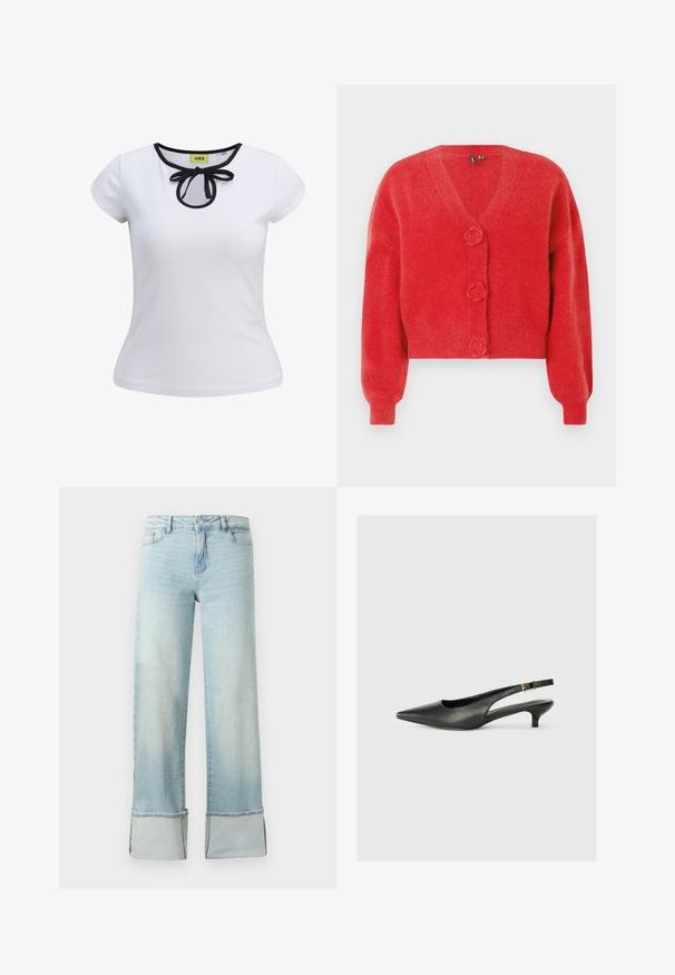 Rode cardigan met een V-hals, drie decoratieve knopen in de vorm van bloemen en geribbelde manchetten. Gemaakt van zachte, getextureerde stof. Cropped fit.; Witte korte mouwen T-shirt met een zwarte rand rond de halslijn en een strikdetail in het midden. Gemaakt van gladde katoenstof.; Lichtblauwe denim jeans met wijde pijpen en grote omslagen bij de zomen, voorzien van een ritssluiting aan de voorkant, knoopsluiting en voorzakken.; Zwarte puntschoen met slingback van soepel leer. Kenmerkt zich door een dunne hak en een gespdetail op de verstelbare band.