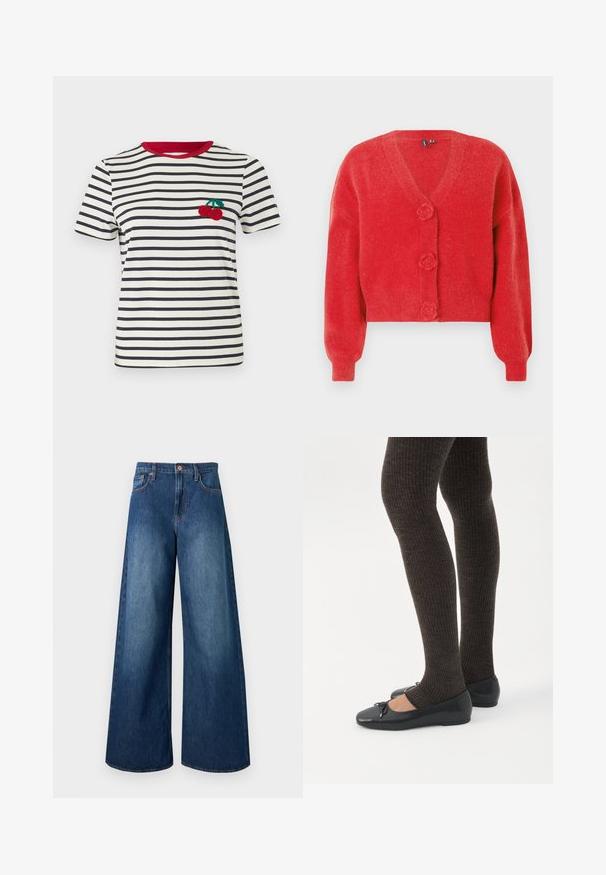 Cardigan rouge avec un col en V, trois boutons décoratifs en forme de fleur et des poignets côtelés. Fabriqué en tissu souple et texturé. Coupe courte.; T-shirt rayé en crème et bleu marine, avec un col rouge. Présente un design de cerise brodé sur la zone de la poitrine gauche. Manches courtes.; Jean en denim bleu foncé taille haute, jambes larges, cinq poches, passants pour ceinture et fermeture par bouton en cuivre.; Jambes portant des leggings côtelés foncés associés à des ballerines noires avec de petits détails en nœud sur fond blanc.