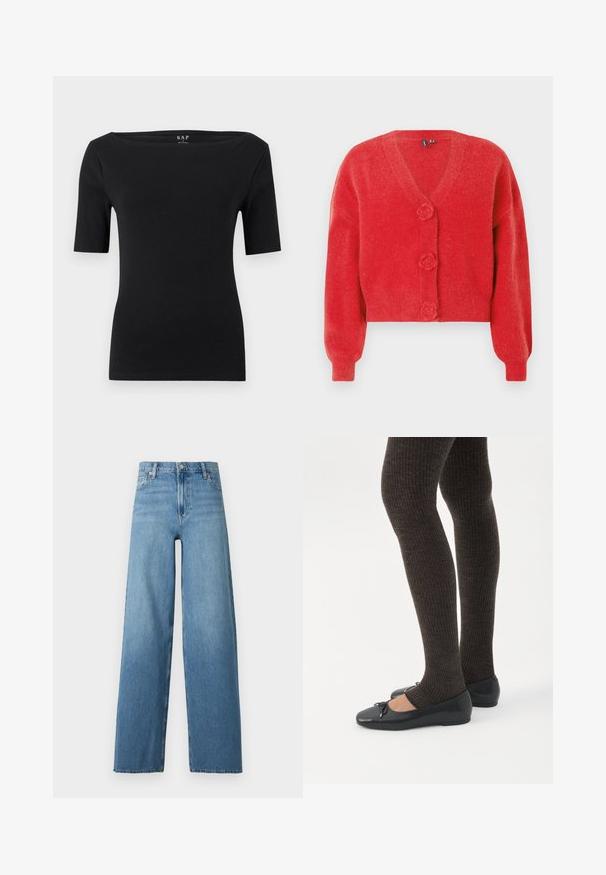 Cardigan rouge avec un col en V, trois boutons décoratifs en forme de fleur et des poignets côtelés. Fabriqué en tissu souple et texturé. Coupe courte.; Haut noir moulant à manches courtes avec encolure bateau, en tissu lisse, étiquette taille petite, présenté sur un fond clair uni.; Jean en denim bleu taille haute avec jambes larges, fermeture avant à bouton et fermeture éclair, et design classique à cinq poches.; Jambes portant des leggings côtelés foncés associés à des ballerines noires avec de petits détails en nœud sur fond blanc.