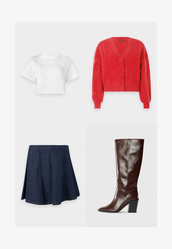 Roter Cardigan mit V-Ausschnitt, drei dekorativen, blumenförmigen Knöpfen und gerippten Bündchen. Hergestellt aus weichem, strukturiertem Stoff. Kurz geschnittene Passform.; Weißes, kurzes T-Shirt aus Baumwolle. Kurze Ärmel, runder Ausschnitt, glatte Textur, lässiges Design ohne Muster oder Verzierungen.; Dunkelblauer Jeansrock in A-Linie mit Seitenschlitzen und sichtbaren Nähten am Saum und den Nähten, auf einem schlichten hellen Hintergrund präsentiert.; Hohe, dunkelbraune Lederstiefel mit einer spitzen Zehe und einem gestapelten Blockabsatz, seitlich vor einem schlichten Hintergrund dargestellt.