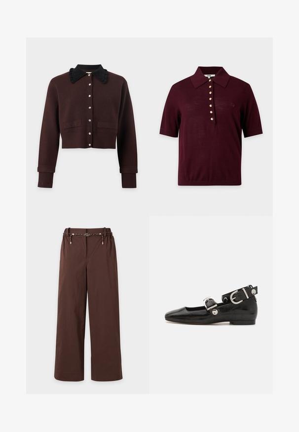 Cardigan marron foncé à manches longues avec col à volants noir, boutons en perles sur le devant, deux poches avant et poignets et ourlet côtelés.; Polo à manches courtes couleur bordeaux foncé avec un col large et une rangée de sept boutons dorés au centre devant.; Pantalon marron à jambes larges avec une ceinture élastique et une ceinture à cordon noire et blanche avec des accents dorés, présenté sur un fond clair.; Ballerine en cuir verni noir avec un bout carré, sangle de cheville avec des détails en métal argenté et semelle plate. Texture lisse avec un design minimaliste.