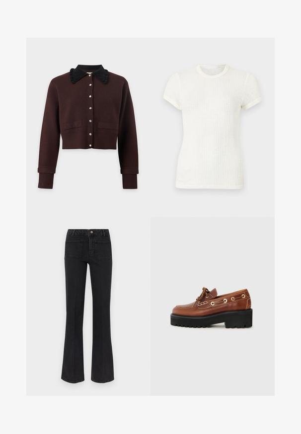Mørkebrun cardigan med lange ærmer, sort flæsekrave, perleknapper foran, to forlommer samt ribstrikkede manchetter og kant.; Hvid ribstrikket t-shirt med korte ærmer, rund halsudskæring og let puffede ærmer.; Sorte højtaljede flare jeans med to baglommer, bæltestropper og lukning med knap og lynlås foran på en hvid baggrund.; Brun lædersko med rund tå, dekorativ syning, metalhardware og en tyk sort sål med et struktureret greb.